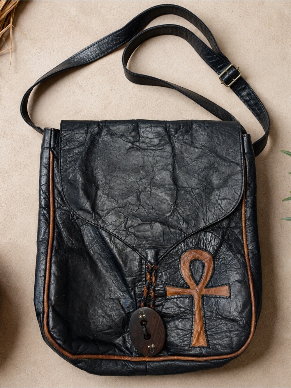 Handcrafted African Leather Ankh Crossbody Bag Boho Artisan Mali